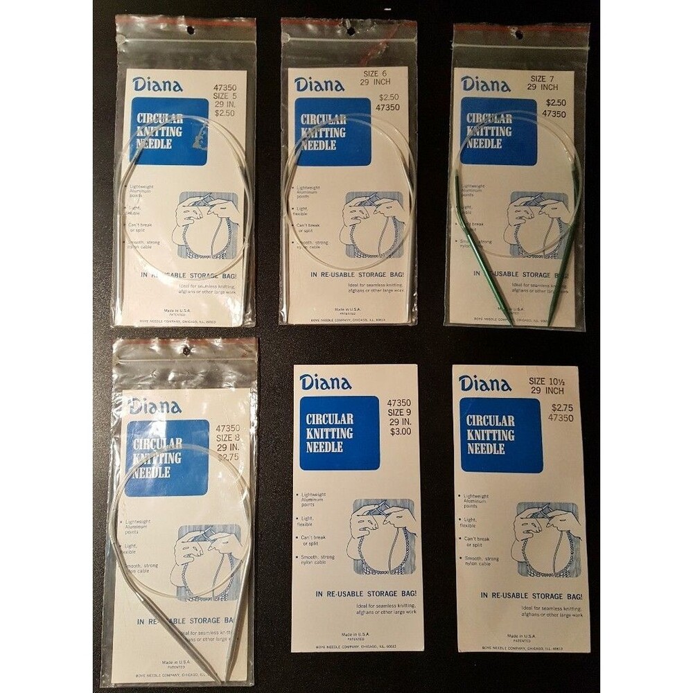 4 Diana Circular Knitting Needles 29 Inches Sizes 5 6 7 8 & 2 Empty Card Sleeves